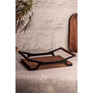 Grade - Ahşap Tepsi Metal Detaylı Tepsi 6 Yuvarlak Elysia Timeless Uyumlu Çay Kahve Sunum Tepsisi