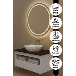 100cm Aurora Banyo Dolabı Seti (yuvarlak Ledli Dokunmatik Ayna + Mdf Lavabo Dolabı + Seramik Lavabo)