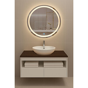 100cm Aurora Banyo Dolabı Seti (yuvarlak Ledli Dokunmatik Ayna + Mdf Lavabo Dolabı + Seramik Lavabo)