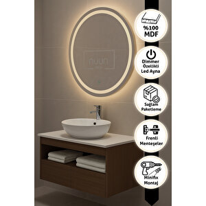 100cm Aurora Banyo Dolabı Seti (yuvarlak Ledli Dokunmatik Ayna + Mdf Lavabo Dolabı + Seramik Lavabo)
