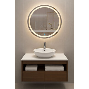 100cm Aurora Banyo Dolabı Seti (yuvarlak Ledli Dokunmatik Ayna + Mdf Lavabo Dolabı + Seramik Lavabo)