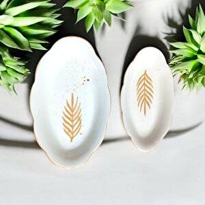 2li El Yapımı Desenli Servis Tabağı Sunum Tabağı, Turuncu Başak Desenli Turuncu