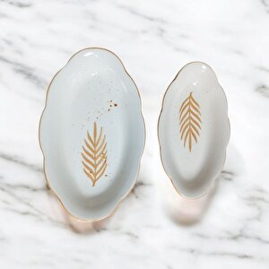 2li El Yapımı Desenli Servis Tabağı Sunum Tabağı, Turuncu Başak Desenli Turuncu