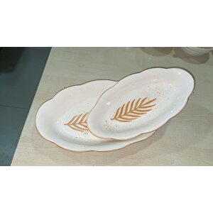 2li El Yapımı Desenli Servis Tabağı Sunum Tabağı, Turuncu Başak Desenli Turuncu