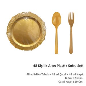 Omeyva Nişan Kına Piknik Altın Sorfa Seti - Sert Mika Plastik - 48 Kişilik Tabak Çatal Kaşık Takımı