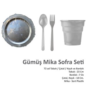 Omeyva 23 Cm. Plastik Mika Gümüş Sorfa Piknik Seti - 72 Kişilik Tabak Bardak Çatal Kaşık Takımı