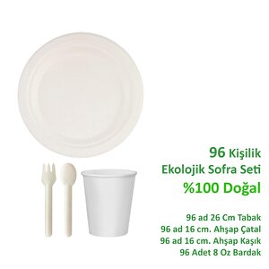 Ekolojik Doğal 26 Cm. 96 Kişilik Parti Piknik Sofra Sunum Seti - Tabak Bardak Çatal Kaşık Takımı
