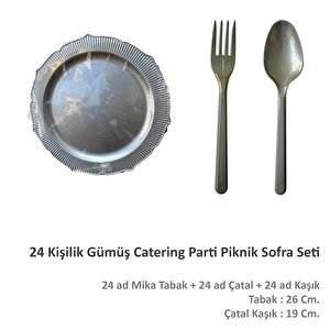 Omeyva Gümüş Mika Sorfa Sunum Piknik Seti - Sert Mika Plastik - 24 Kişilik Tabak Çatal Kaşık Takımı