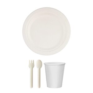Ekolojik 24 Kişilik Parti Piknik Sofra Sunum Seti - Doğal Tabak Bardak Çatal Kaşık Takımı - 18 Cm