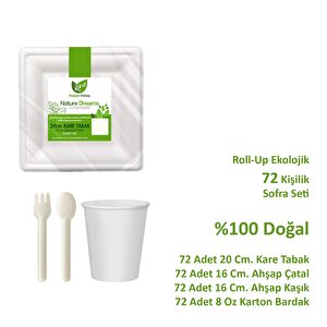 Ekolojik Kare 20 Cm. 72 Kişilik Parti Piknik Sofra Sunum Seti - Tabak Bardak Çatal Kaşık Takımı