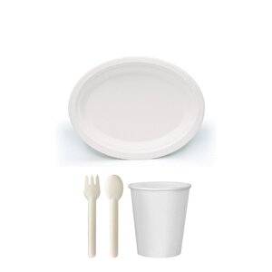 Ekolojik 72 Kişilik Parti Piknik Sofra Sunum Seti - 28x20 Cm. Oval Tabak Bardak Çatal Kaşık Takımı