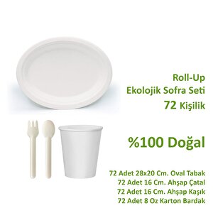 Ekolojik 72 Kişilik Parti Piknik Sofra Sunum Seti - 28x20 Cm. Oval Tabak Bardak Çatal Kaşık Takımı