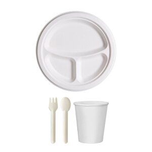 Ekolojik 26 Cm. 3 Bölmeli 24 Kişilik Parti Piknik Sofra Sunum Seti -tabak Bardak Çatal Kaşık Takımı