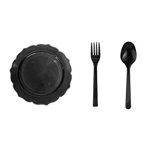 Omeyva 26 Cm. Siyah Sorfa Davet Seti - Sert Mika Plastik - 48 Kişilik Tabak Çatal Kaşık Takımı