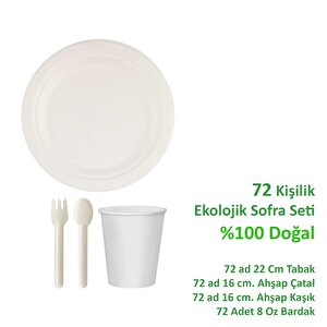 Ekolojik 22 Cm. 72 Kişilik Parti Piknik Sofra Sunum Seti - Doğal Tabak Bardak Çatal Kaşık Takımı