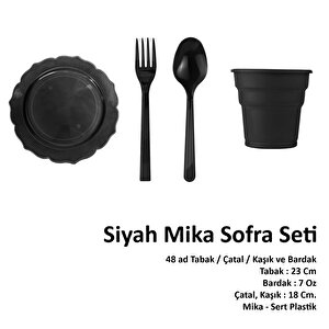 Omeyva 23 Cm. Mika Siyah Şık Parti Piknik Seti - 48 Kişilik Tabak Bardak Çatal Kaşık Takımı