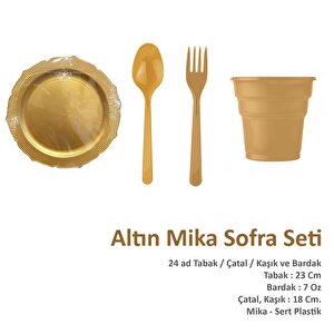 Omeyva Dayanıklı Mika 23 Cm. Altın Sorfa Piknik Seti - 24 Kişilik Tabak Bardak Çatal Kaşık Takımı