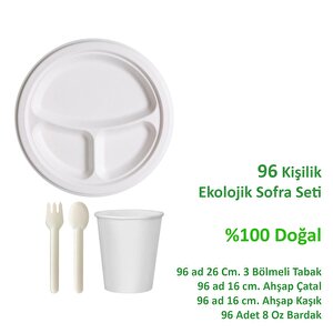 Ekolojik 26 Cm. 3 Bölmeli 96 Kişilik Parti Piknik Sofra Sunum Seti -tabak Bardak Çatal Kaşık Takımı
