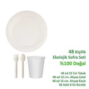 Ekolojik 22 Cm. 48 Kişilik Parti Piknik Sofra Sunum Seti - Doğal Tabak Bardak Çatal Kaşık Takımı