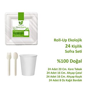 Ekolojik Kare 20 Cm. 24 Kişilik Parti Piknik Sofra Sunum Seti - Tabak Bardak Çatal Kaşık Takımı