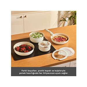 Karaca X Refika Swiss Crystal Almond Cream Easy Clip 9 Parça Indüksiyon Tabanlı Tencere / Tava Seti