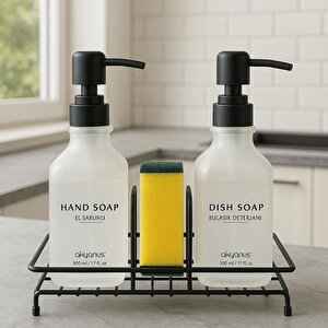Siyah Pompalı Ve Standlı İkili Kare Sıvı Sabunluk Buzlu Cam  500ml