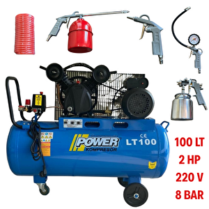Power 100 Litre. 2 Hp 220 Volt 8 Bar Pistonlu Kompresör 5 Li Hava Setli
