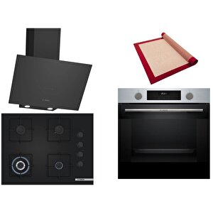 Siyah 3 Lü Ankastre Set 350 ( Hua717br0t - Poh7c6p30o - Dwk64pj60t  ) 67cm Wok Bek Ocak - Buhar Destekli Inox Fırın - Pişirme Matı Ile