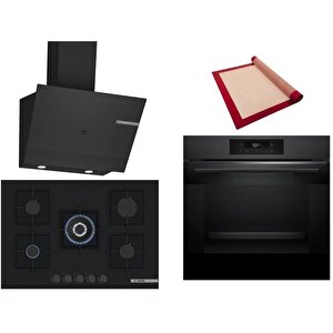 Siyah 3 Lü Ankastre Set 370 ( Hjg852yt0t - Pnq7b6p30o - Dwk67pj60t  ) 75cm Wok Bek Ocak - 3d Fry Hava Ile Kızartma - Pişirme Matı Ile