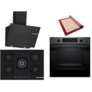 Siyah 3 Lü Ankastre Set 365 ( Hua736eg0t - Pnq7b6p30o - Dwk67pj60t  ) 75cm Wok Bek Ocak - Buhar Destekli - Pişirme Matı Ile