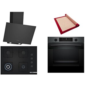 Siyah 3 Lü Ankastre Set 353 ( Hua736eg0t - Poh7c6p30o - Dwk64pj60t  ) 67cm Wok Bek Ocak - Buhar Destekli Siyah Inox Fırın - Pişirme Matı Ile