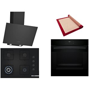 Siyah 3 Lü Ankastre Set 356 ( Hjg852yb0t - Poh7c6p30o - Dwk64pj60t  ) 67cm Wok Bek Ocak - 3d Fry Hava Ile Kızartma - Pişirme Matı Ile