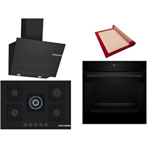 Siyah 3 Lü Ankastre Set 368 ( Hjg852yb0t - Pnq7b6p30o - Dwk67pj60t  ) 75cm Wok Bek Ocak - 3d Fry Hava Ile Kızartma - Pişirme Matı Ile
