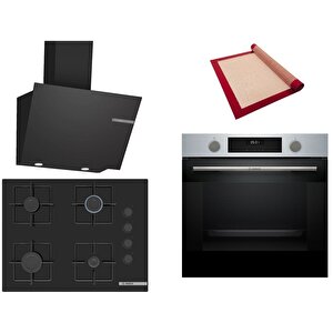 Siyah 3 Lü Ankastre Set 374 ( Hua717br0t - Pop7c6p30o - Dwk66pj60t  ) 67cm Ocak - Buhar Destekli - Pişirme Matı Ile