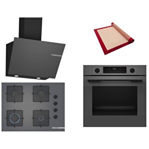 Gri 3 Lü Ankastre Set 373 ( Hua717bn0t - Pop7c9p30o - Dwk66pj70t  ) 67cm Ocak - Buhar Destekli - Pişirme Matı Ile