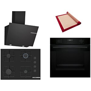 Siyah 3 Lü Ankastre Set 372 ( Hua717ba0t - Pop7c6p30o - Dwk66pj60t  ) 67cm Ocak - Buhar Destekli - Pişirme Matı Ile