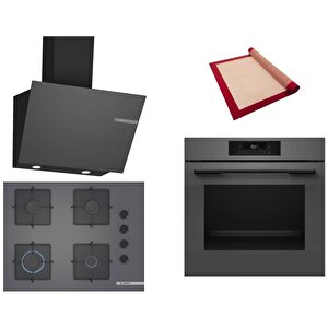 Gri 3 Lü Ankastre Set 381 ( Hjg852yn0t - Pop7c9p30o - Dwk66pj70t  ) 67cm Ocak - 3d Fry Hava Ile Kızartma - Pişirme Matı Ile