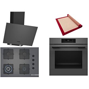 Gri 3 Lü Ankastre Set 357 ( Hjg852yn0t - Poh7c9p30o - Dwk64pj70t  ) 67cm Wok Bek Ocak - 3d Fry Hava Ile Kızartma - Pişirme Matı Ile