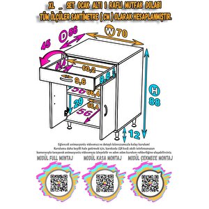 Qplas (xl) Ocak Altı 1 Çekmece Ve Kapaklı 1 Raflı Set 70 Cm Genişlik 56 Cm Derinlik