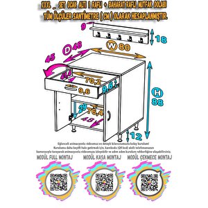 Qplas (xxxl) Ocak Altı 1 Çekmece Ve Kapaklı 1 Raflı Set 80 Cm Genişlik 48 Cm Derinlik + Askılı Baharat Rafı