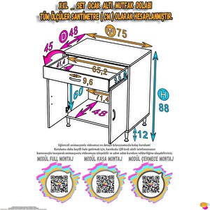 Doqu (xxl) Ocak Altı 1 Çekmece Ve Kapaklı 1 Tüp Gözlü Set 75 Cm Genişlik 48 Cm Derinlik