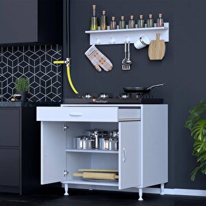 Qplas (xxxl) Ocak Altı 1 Çekmece Ve Kapaklı 1 Raflı Set 80 Cm Genişlik 56 Cm Derinlik + Askılı Baharat Rafı 80 cm