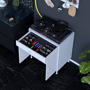 Qplas (xxxl) Ocak Altı 1 Çekmece Ve Kapaklı 1 Raflı Set 80 Cm Genişlik 56 Cm Derinlik + Askılı Baharat Rafı 80 cm