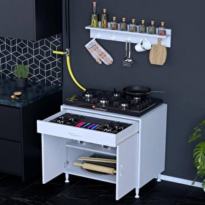 Qplas (xxxl) Ocak Altı 1 Çekmece Ve Kapaklı 1 Raflı Set 80 Cm Genişlik 56 Cm Derinlik + Askılı Baharat Rafı