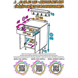Qplas (m) Ocak Altı 1 Çekmece Ve Kapaklı 1 Raflı Set 60 Cm Genişlik 48 Cm Derinlik + Askılı Baharat Rafı