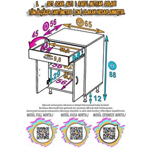 Qplas (l) Ocak Altı 1 Çekmece Ve Kapaklı 1 Raflı Set 65 Cm Genişlik 56 Cm Derinlik