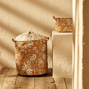 Indian Ağzı Büzgülü Çamaşır Sepeti Hardal (36x40 Cm) - Organizer Hediyeli Hardal