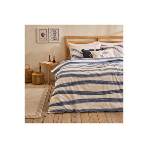 %100 Pamuk Saten Marine Çift Kişilik Nevresim Seti Mavi-beyaz  (200x220 Cm) Mavi-beyaz