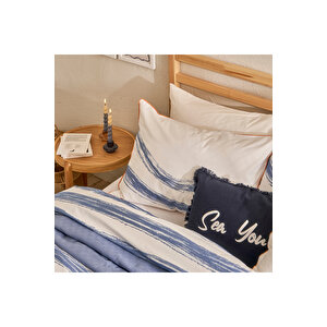 %100 Pamuk Saten Marine Çift Kişilik Nevresim Seti Mavi-beyaz  (200x220 Cm) Mavi-beyaz