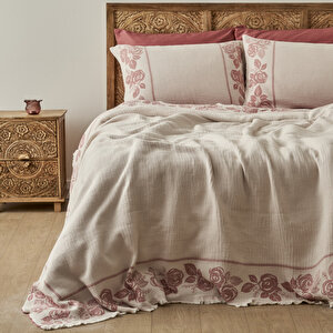 %100 Pamuk Rose Jakarlı Çift Kişilik Yatak Örtüsü Seti Krem (240x260 Cm) Krem